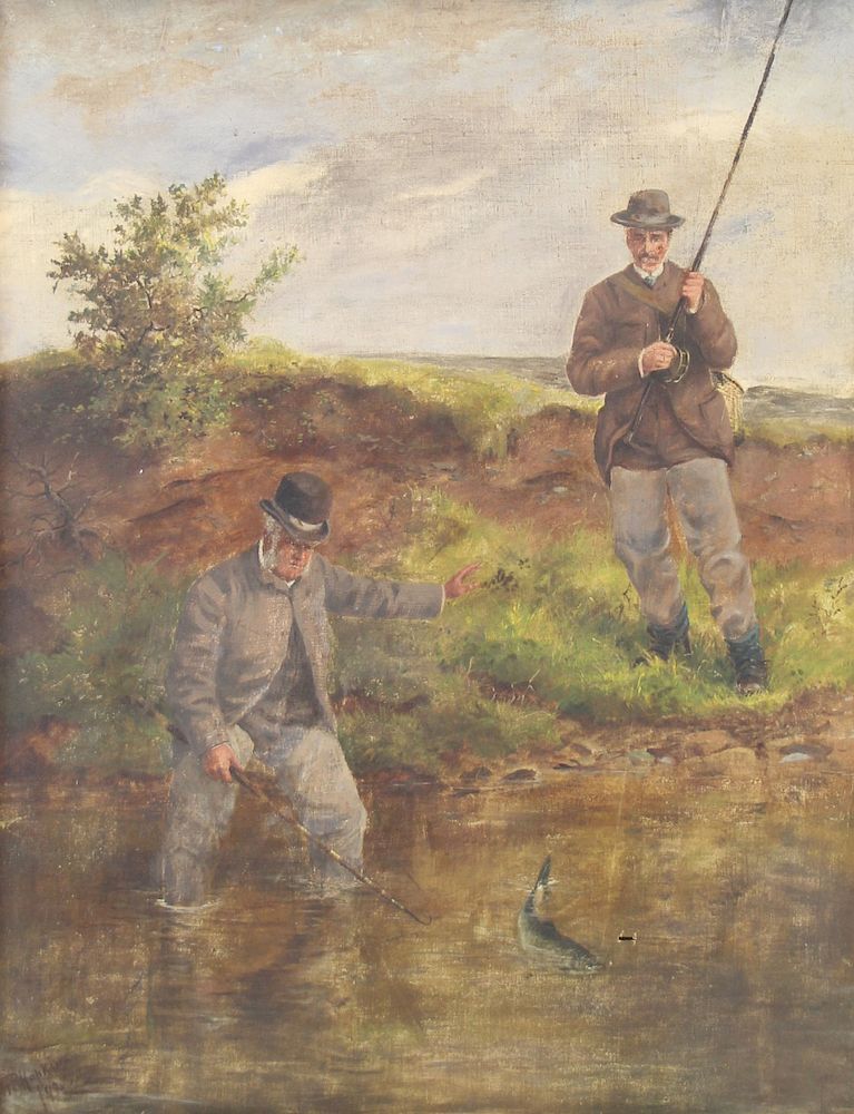 Appraisal: ILLEGIBLY SIGNED th th CENTURY Oil on Canvas Men Fishing