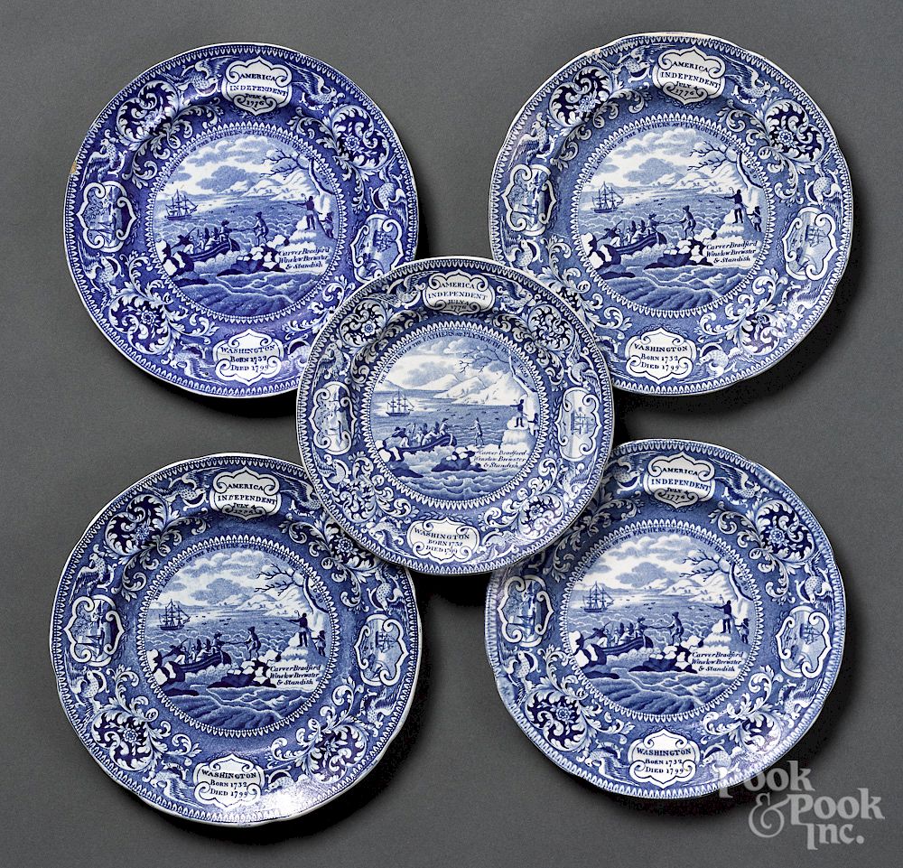 Appraisal: Five Historical Blue Staffordshire plates Five Historical Blue Staffordshire Landing