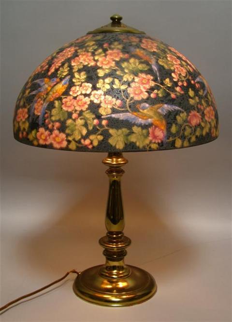 Appraisal: HANDEL FLORAL PAINTED SHADE WITH BASE SIGNED AND NUMBERED The