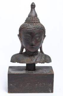 Appraisal: Southeast Asian Buddhist Bronze Bust On wooden base H X