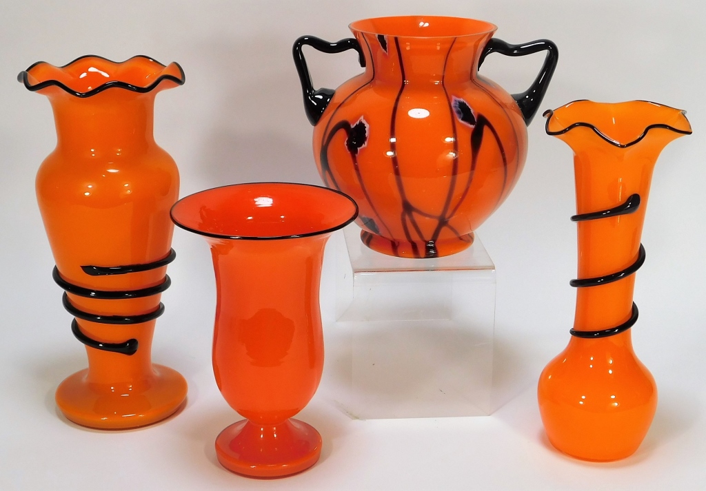 Appraisal: ASSORTED ORANGE TANGO BOHEMIAN ART GLASS VASES Bohemia Early th