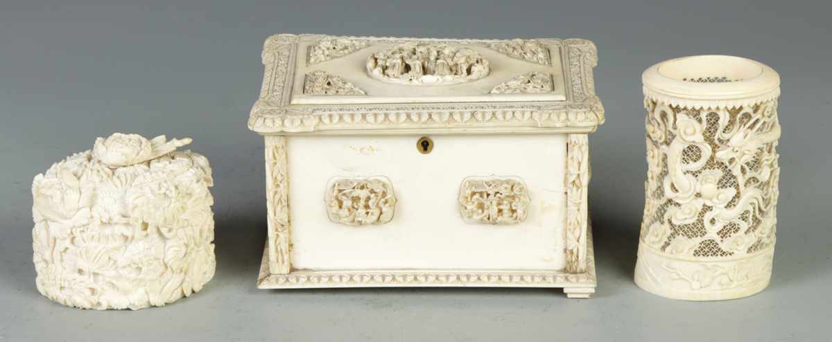 Appraisal: Carved Ivory Piece w Dragons Floral Design on Reticulated BackgroundCondition