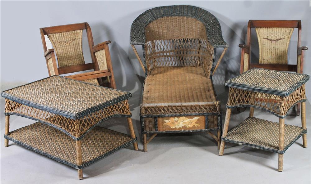 Appraisal: FIVE PIECES OF WICKER FURNITURE including a vintage style chaise