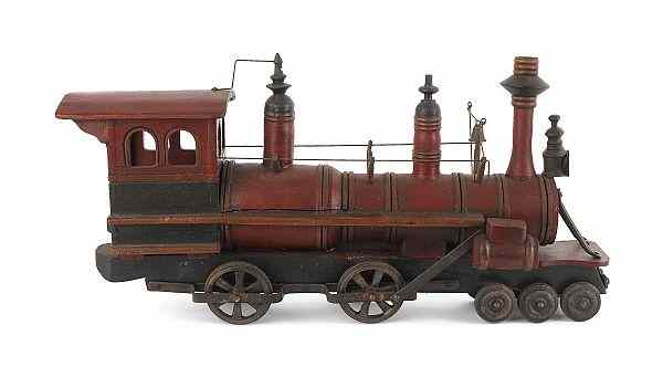 Appraisal: Contemporary painted pine and iron folk art locomotive h l