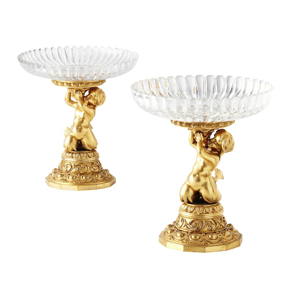 Appraisal: PAIR OF CHARLES X GILT BRONZE AND GLASS FIGURAL TAZZAE