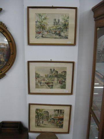 Appraisal: Lelong Watercolor a trio of French Street Scenes each approx