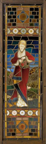 Appraisal: LEADED GLASS WINDOW Depicting a woman with a basket of