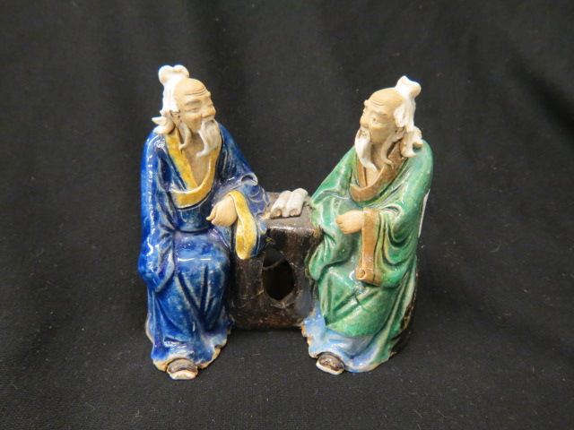 Appraisal: Chinese Mudman Figurine of Scholars pair of men seated at