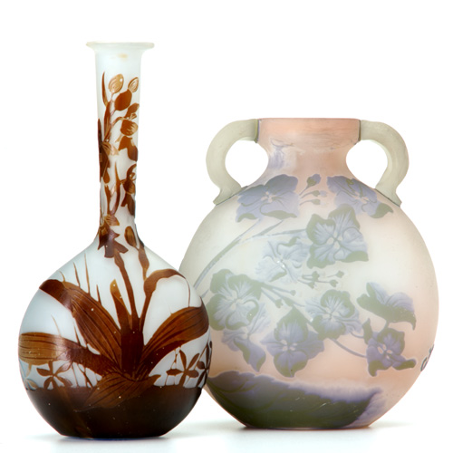 Appraisal: EMILE GALLE Two Cameo glass vases one with brown blossoms