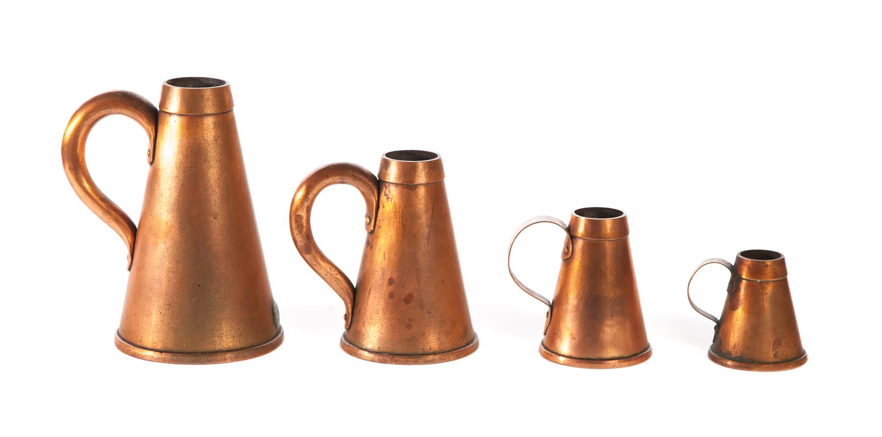 Appraisal: SET OF FOUR GRADUATED COPPER MEASURES European th century Hand-forged