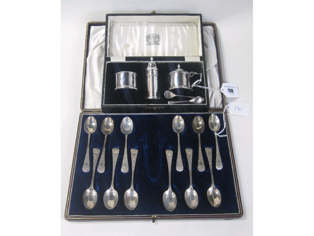 Appraisal: Lot comprising cased three piece silver condiment set Birmingham and