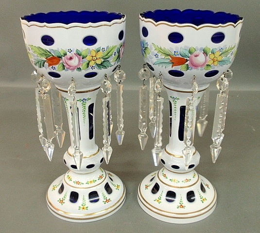 Appraisal: - Pair of white-cut-to-cobalt glass lusters with floral decoration and