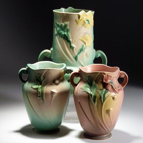 Appraisal: Three ROSEVILLE Poppy pieces to include a green vase -