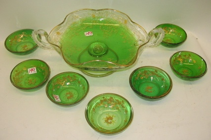 Appraisal: AN EIGHT PIECE MOSER STYLE GREEN GLASS DESSERT SET hand