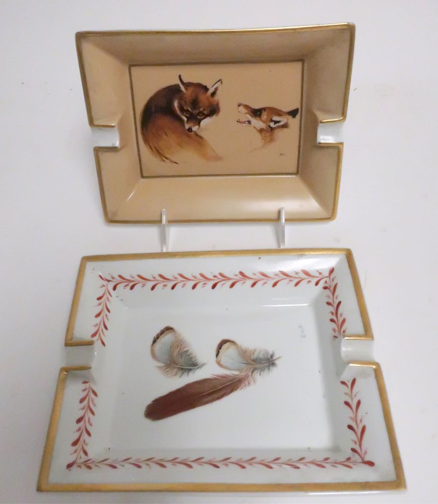 Appraisal: Hermes Porcelain Ash Trays Foxes and Feathers Signed BC and