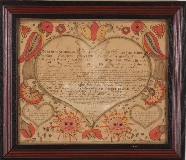 Appraisal: Marriage certificate for Montgomery County Franconia Township features colorful suns