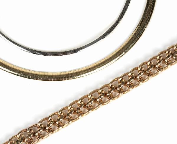 Appraisal: A collection of gold jewelry featuring two gold Omega necklaces