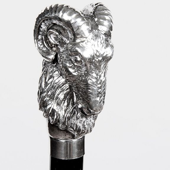 Appraisal: Silver Ram's Head Dress Cane Ca - - An unmarked