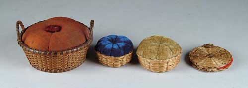 Appraisal: FOUR BASKETRY SHAKER PIN CUSHIONS One with double handle one