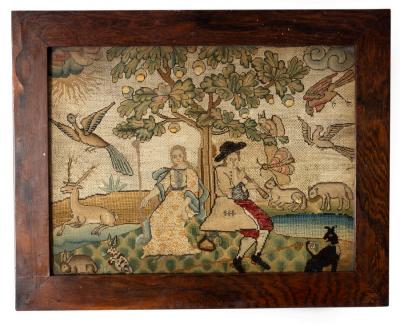 Appraisal: An th Century needlework picture Musician and Companion beneath an