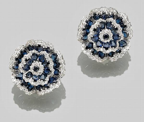 Appraisal: A pair of sapphire and diamond flower earrings estimated total