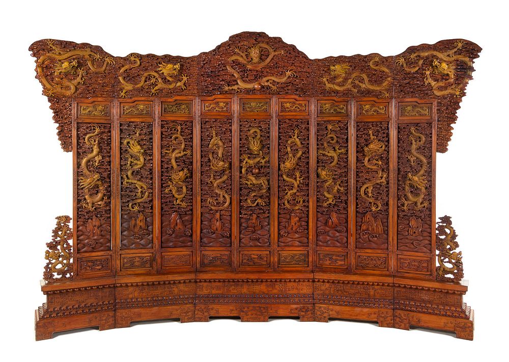 Appraisal: A Large Chinese Export Carved Hardwood 'Dragon and Clouds' Screen