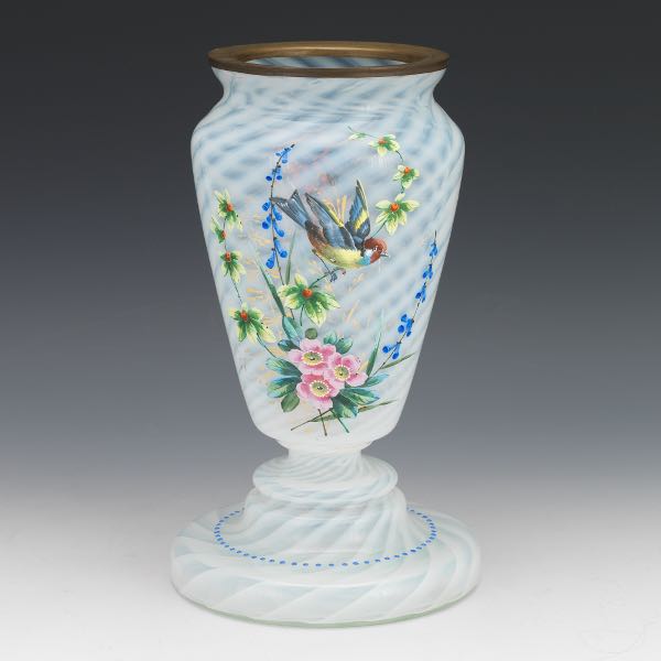 Appraisal: HAND-ENAMELED OPALINE GLASS VASE x Opaline optic swirl-glass vase with