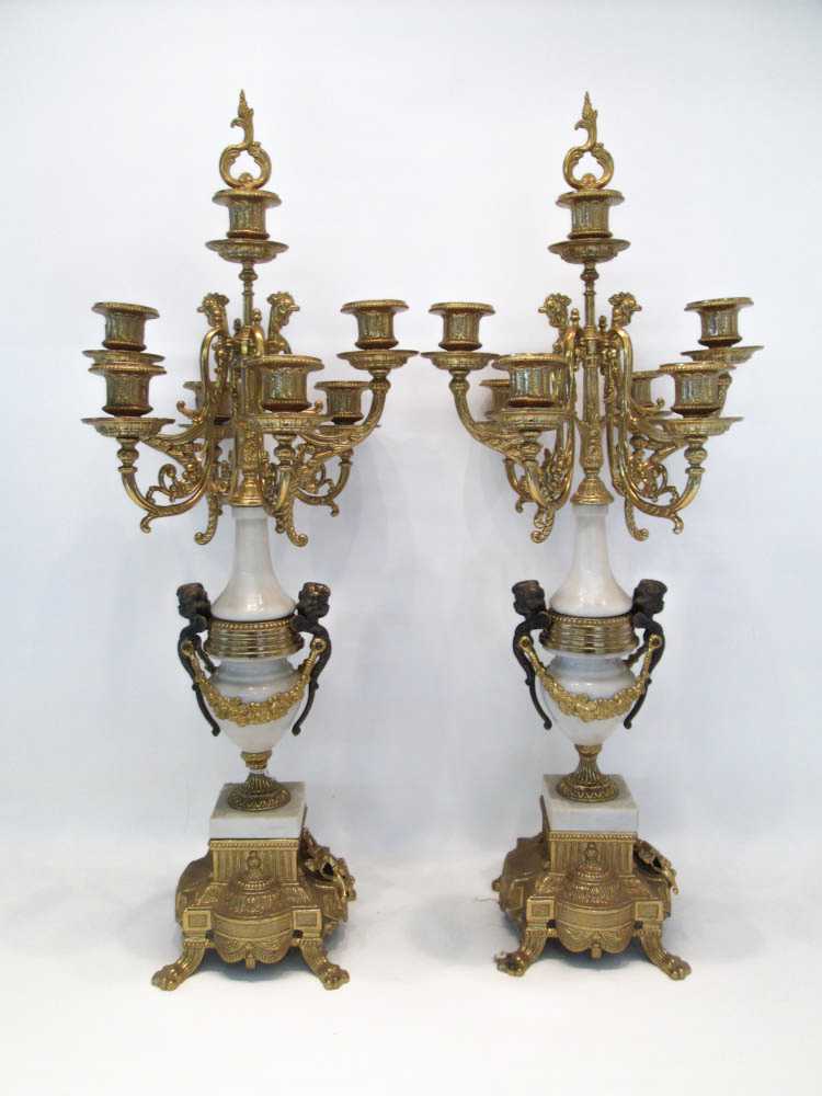 Appraisal: PAIR OF GILT BRONZE AND MARBLE CANDELABRA French style each