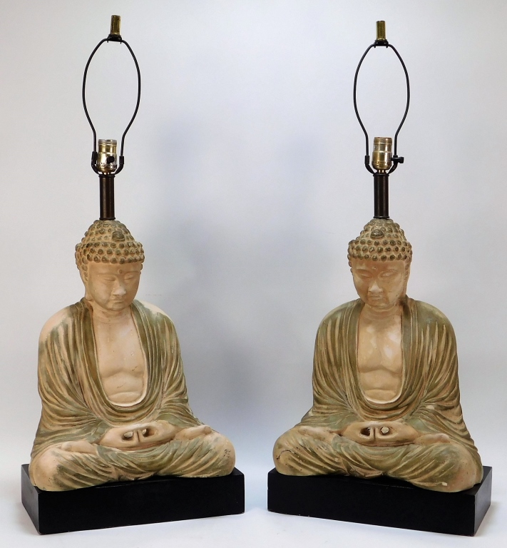 Appraisal: JAMES MONT HOLLYWOOD REGENCY BUDDHA LAMPS United States th CenturyFigural