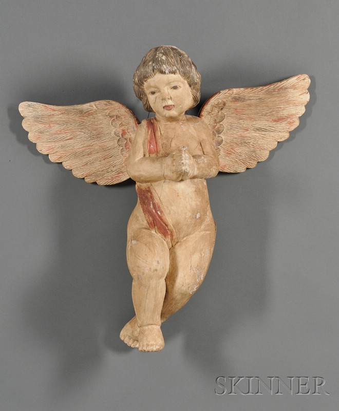 Appraisal: Carved and Painted Wooden Putto Figure ht wd in Shrinkage