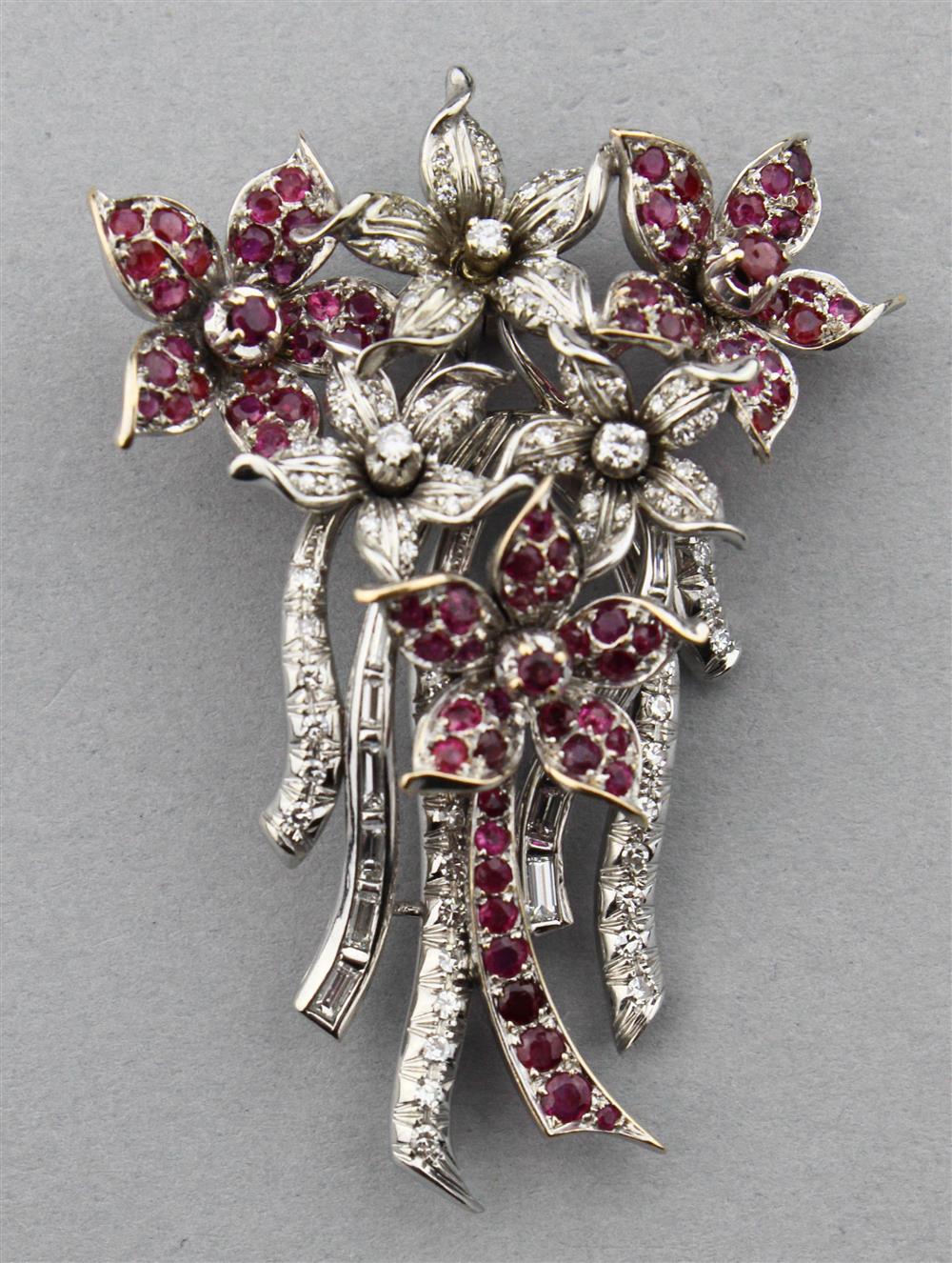 Appraisal: VINTAGE K WHITE GOLD DIAMOND AND RUBY FLORAL SPRAY BROOCH