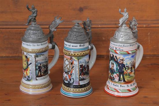 Appraisal: THREE REGIMENTAL STEINS All with handpainted decoration and lithopane bottoms