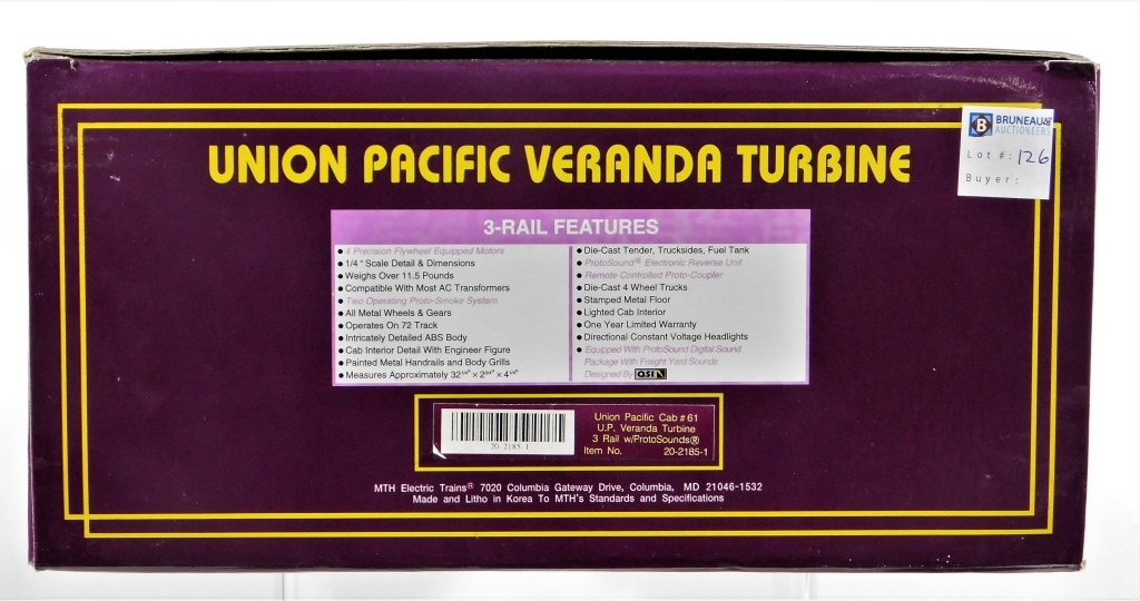 Appraisal: MTH UNION PACIFIC VERANDA TURBINE CAB O TRAIN United States