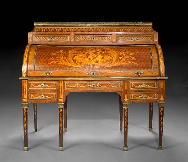 Appraisal: A Louis XVI style marquetry inlaid walnut cylinder bureau late