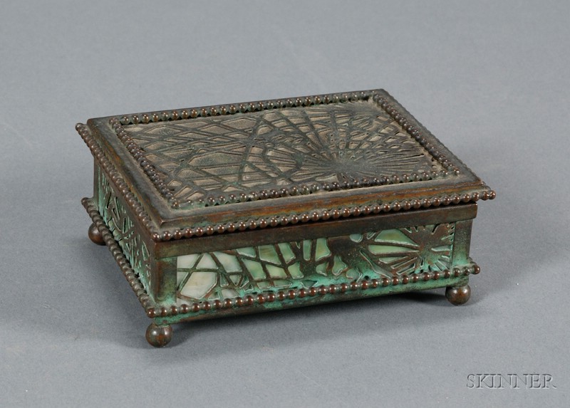 Appraisal: Tiffany Studios Stamp Box Slag glass and patinated bronze New