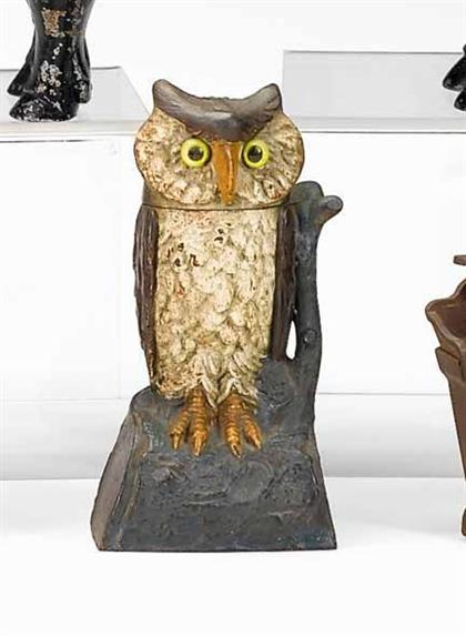 Appraisal: Painted cast iron Turn Head Owl mechanical bank patented H