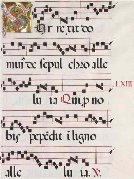 Appraisal: ILLUMINATED MANUSCRIPT ANTIPHONAL An illuminated antiphonal leaf with large initial