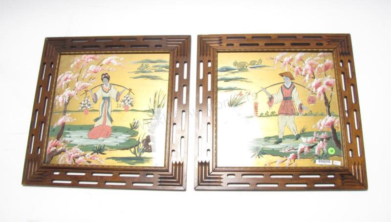 Appraisal: Two vintage s framed reverse-painted watercolors depicting Geisha and farmer