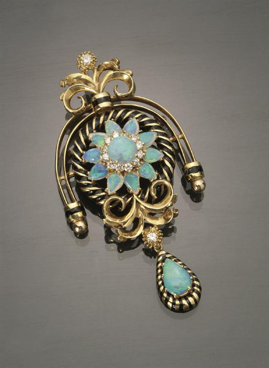 Appraisal: South American -Karat Yellow-Gold White Opal Diamond and Enamel Pendant