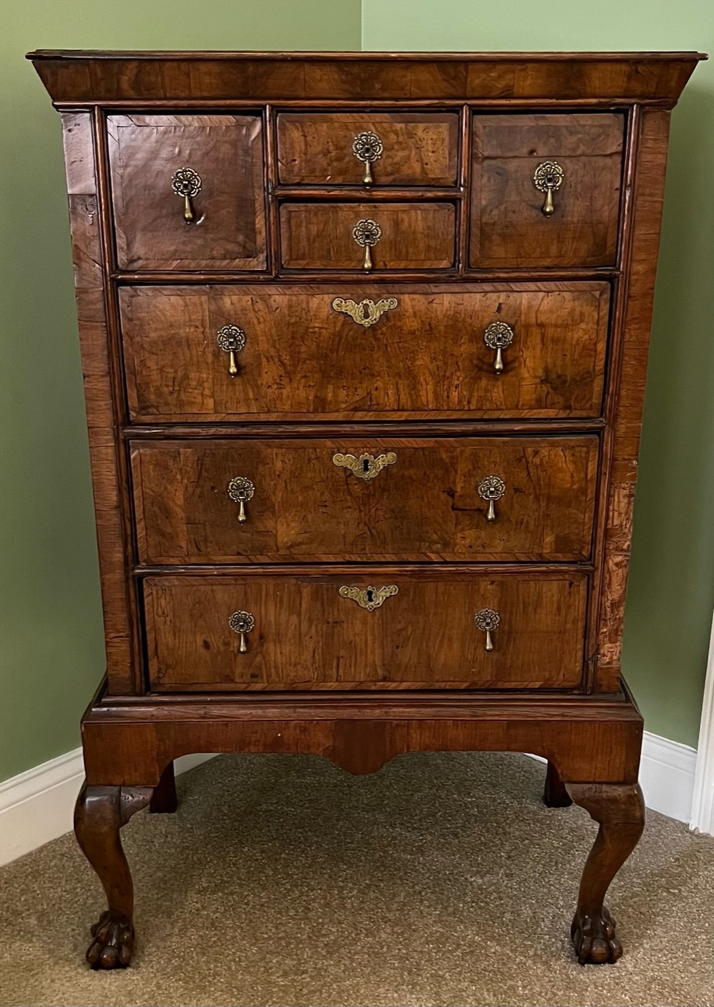 Appraisal: GEORGE I WALNUT AND OAK CHEST ON STAND The rectangular