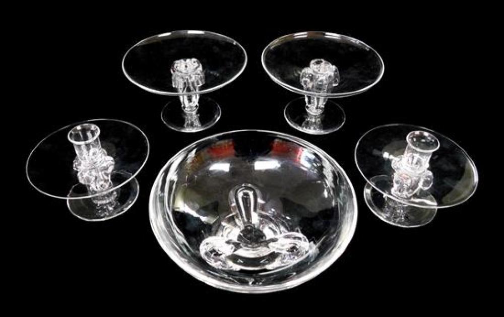 Appraisal: GLASS Steuben crystal five matching pieces including pair candleholders pair