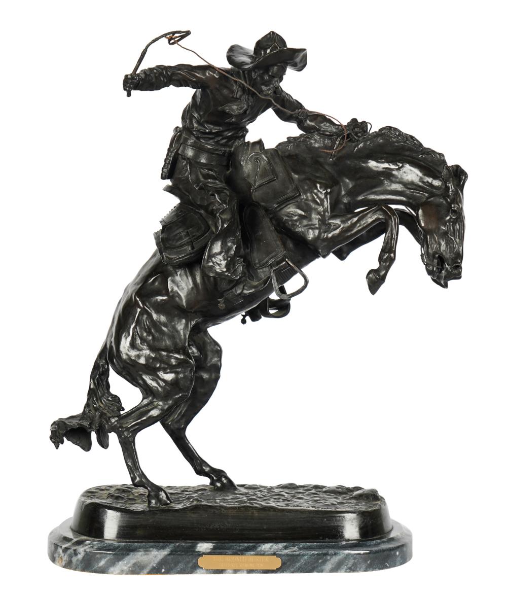 Appraisal: AFTER FREDRIC REMINGTON BRONCO BUSTERpatinated bronze mounted to grey marble