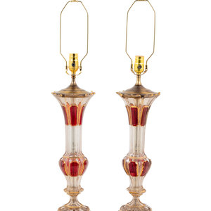 Appraisal: A Pair of Bohemian Cranberry and Clear Glass Vases Mounted