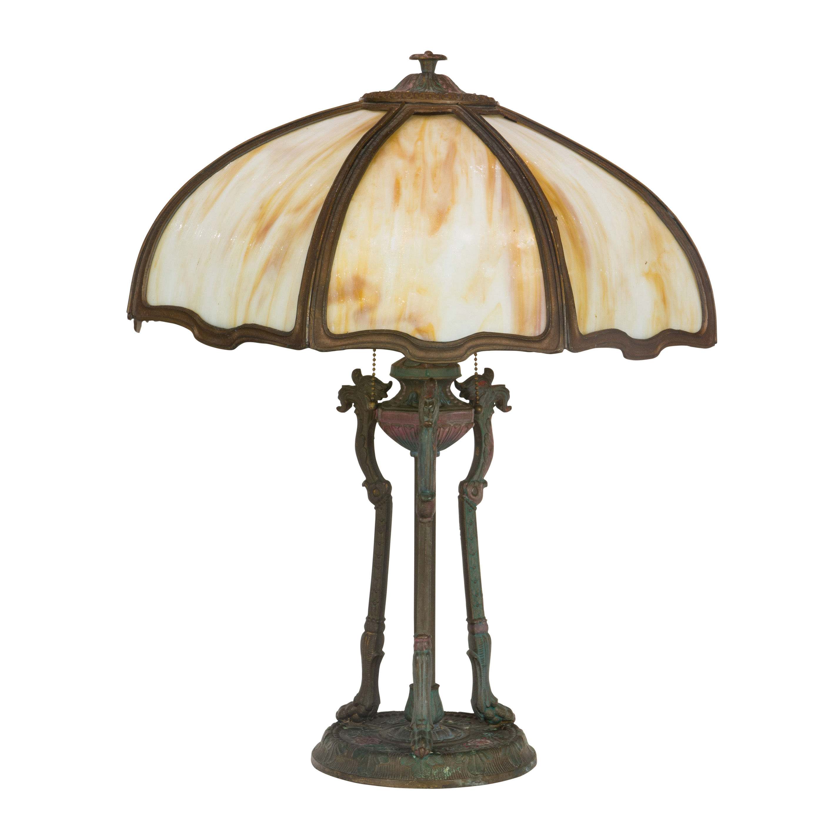 Appraisal: AN ARTS CRAFTS STYLE SLAG GLASS AND PATINATED TABLE LAMP