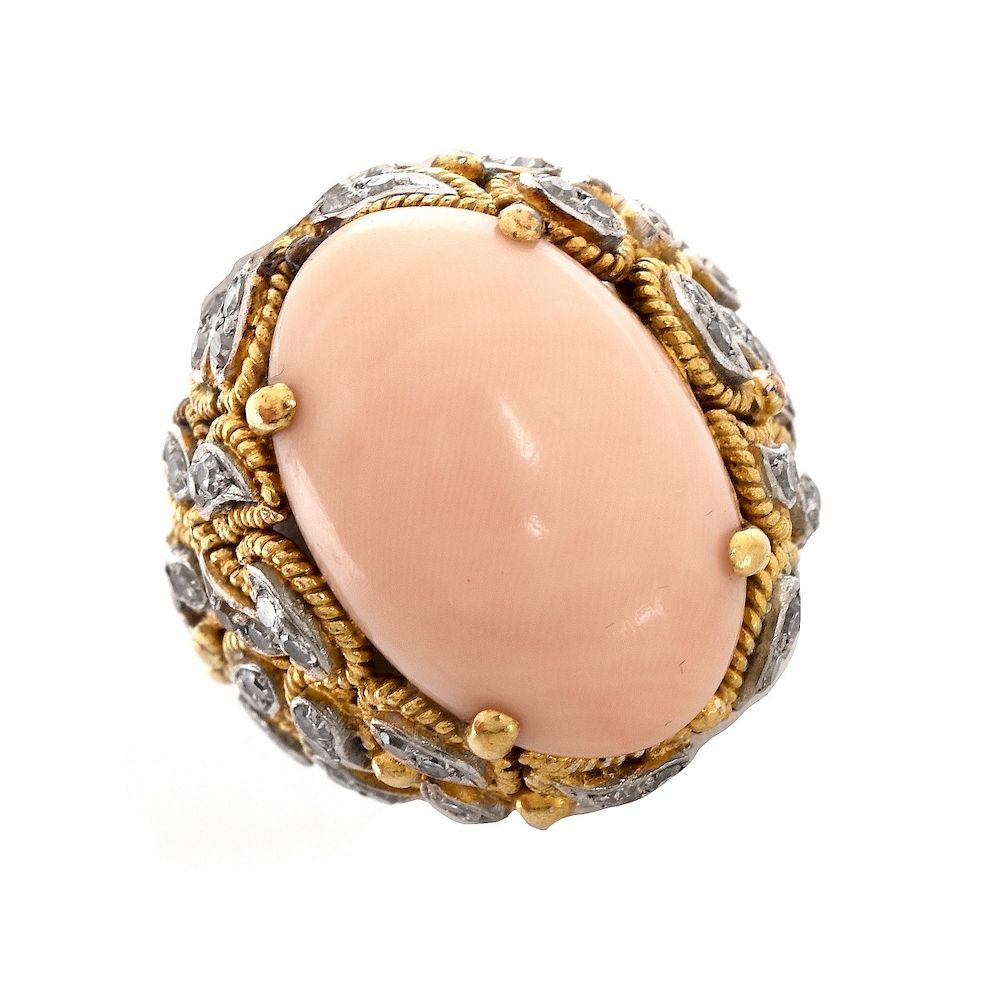 Appraisal: Vintage Coral Diamond and K Ring Vintage Oval Cabochon Angelskin