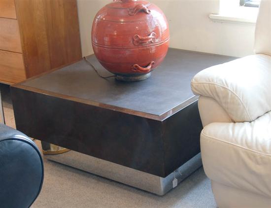 Appraisal: Burl Wood Coffee Table w Chrome Base and Leather Top