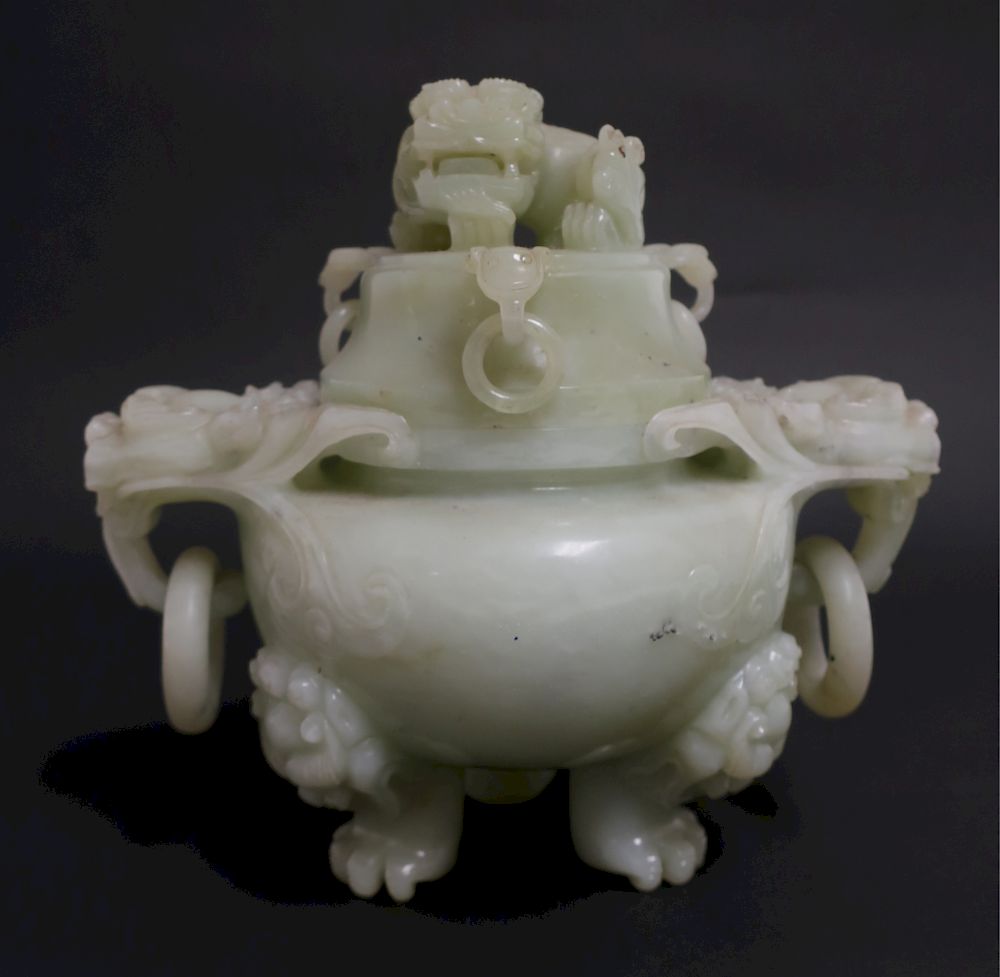 Appraisal: Chinese Celadon Covered Censer Carved with Kylin and ring handles