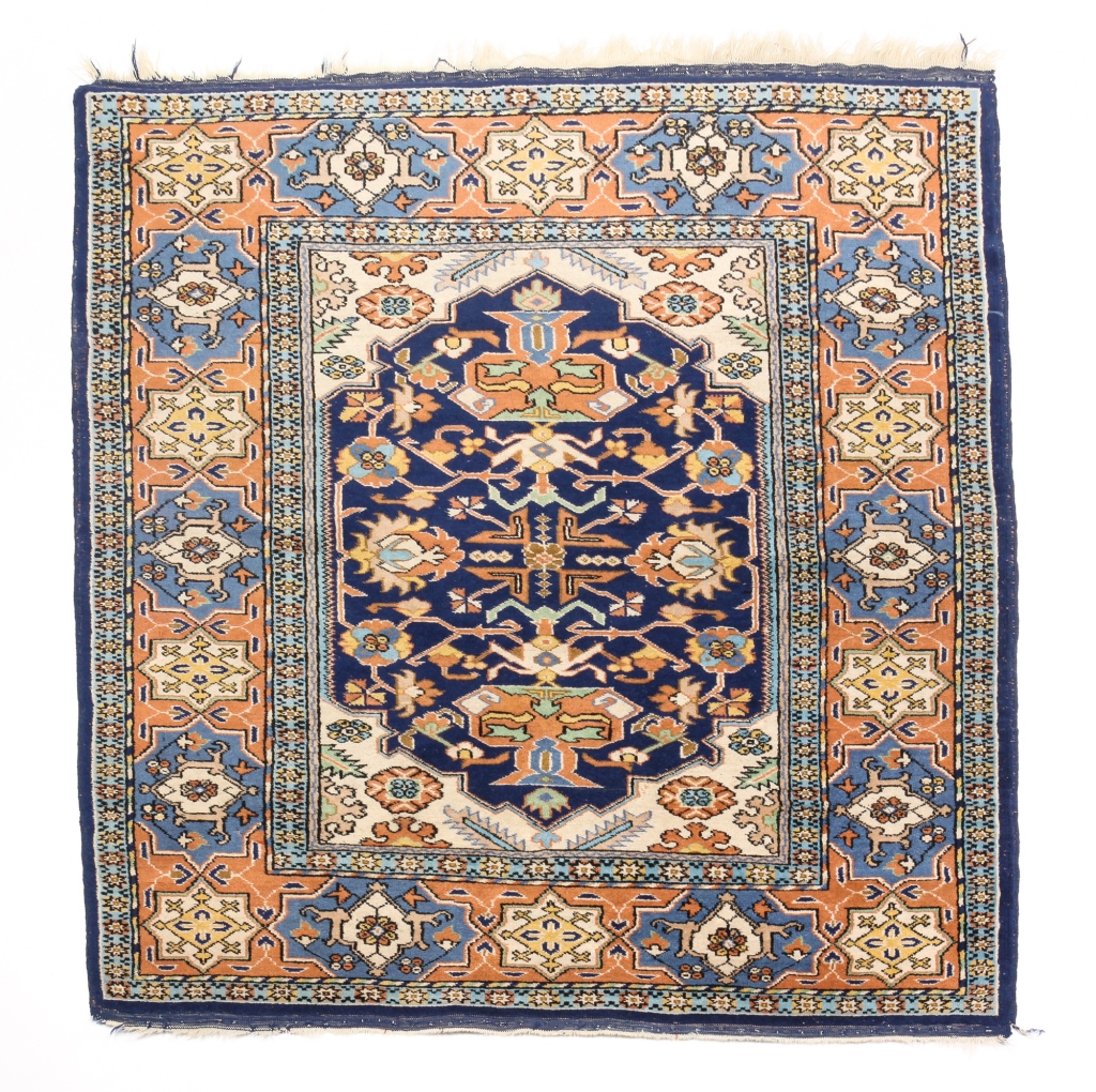 Appraisal: TURKISH RUG Third quarter th century Salmon and blue border