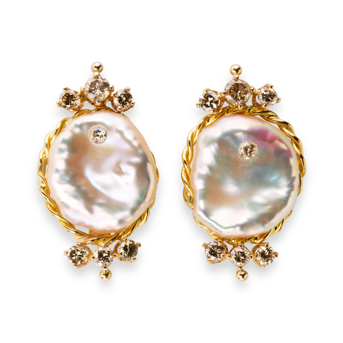 Appraisal: A PAIR OF KESHI PEARL DIAMOND AND EIGHTEEN KARAT GOLD