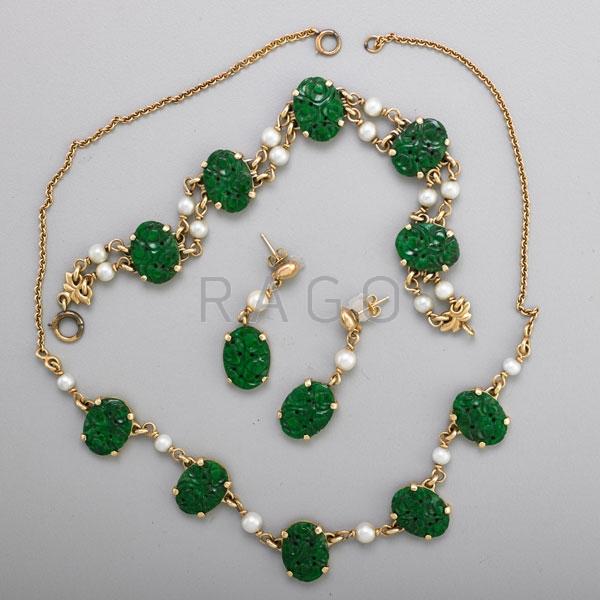 Appraisal: MID CENTURY CARVED JADE GOLD SUITE Condition Report